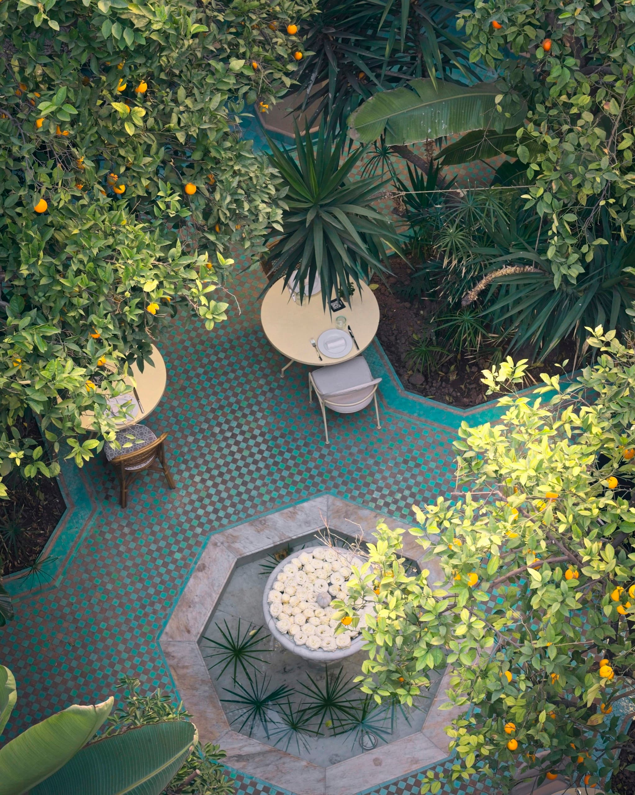 Jardin de patio vu de haut, tables rondes entre les citronniers et bassin turquoise
